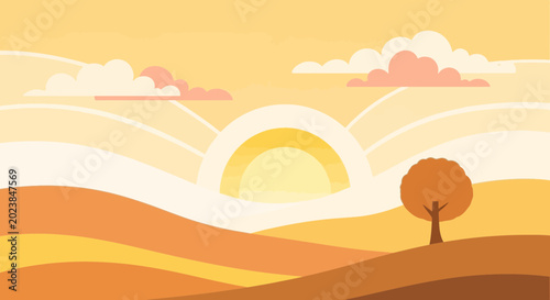 Fotografie Warm Autumn Sunrise Over Rolling Hills with Single Tree