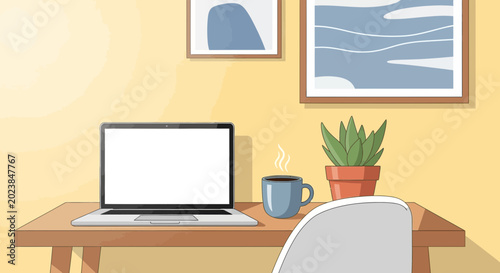 Εκτύπωση καμβά Cozy Home Office Desk with Laptop, Coffee Mug, Plant, and Artwork