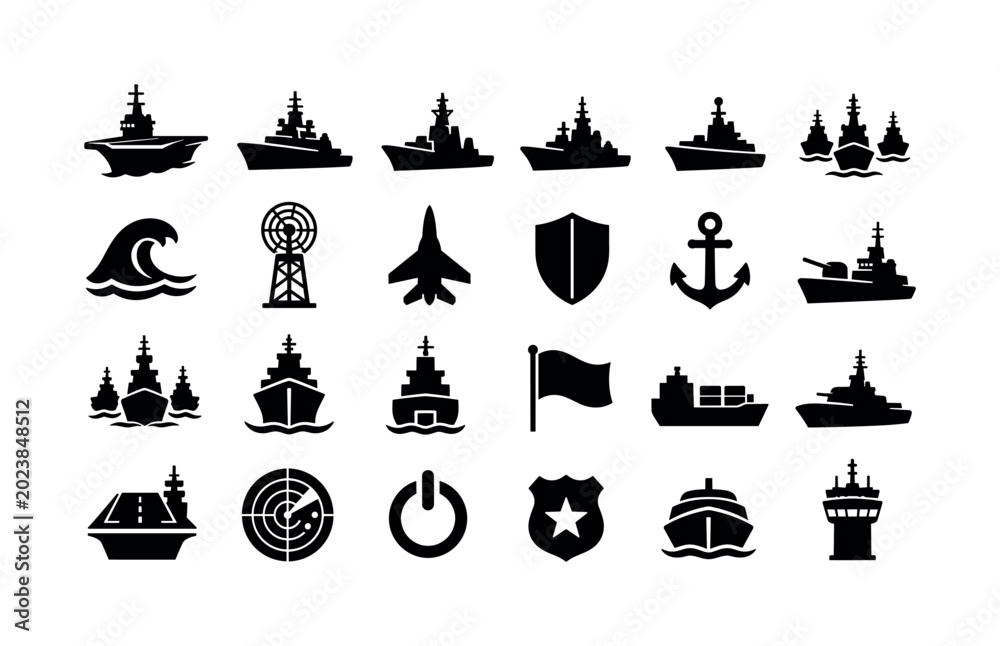 Obraz premium Naval Warship Fleet. Solid glyph icon set of modern naval ships and maritime defense: aircraft carrier, cruiser, destroyer, frigate, warship vessel, naval fleet, ocean wave, radar mast, aircraft
