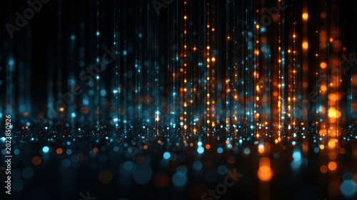 Vibrant Digital Light Particles in Dark Background with Blue and Orange Highlights