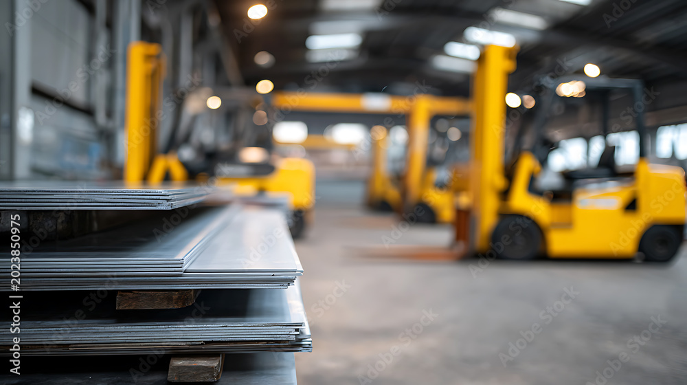 Fototapeta premium Industrial Warehouse Scene with Stacked Metal Sheets and Forklifts in Background, Manufacturing and Logistics Concept