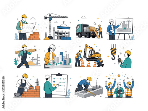 Construction Site Progress. Construction site, cranes, workers, trucks, building materials, infrastructure, engineering, architecture, civil development and work in progress. 12 minimalist editorial