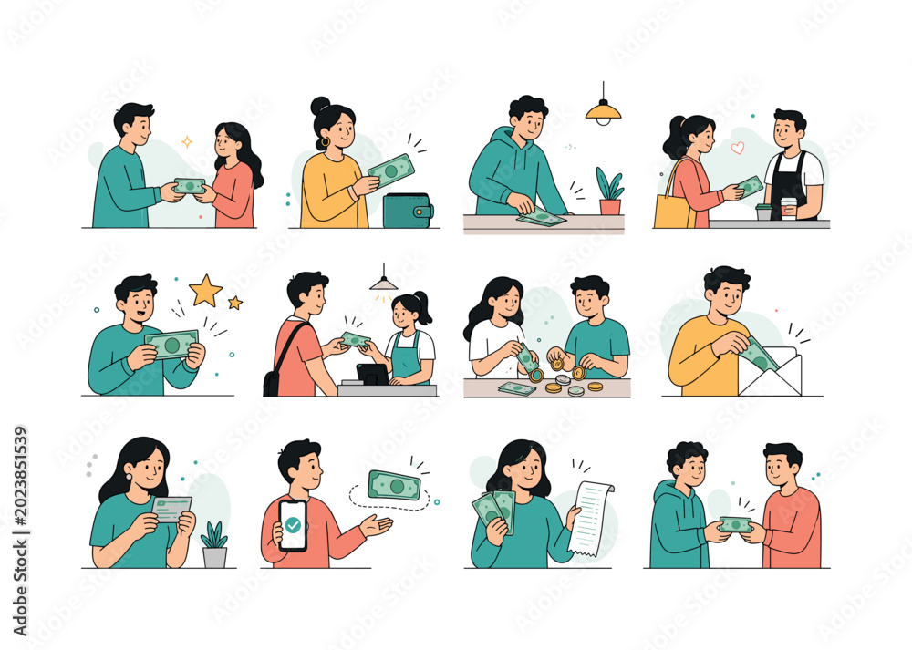 Fototapeta premium Hand Holding Money. Hand holding dollar money, peer payment, financial assistance, cash transfer, tips, reward, shared expenses, and everyday money exchange. 12 minimalist editorial vector scenes: a