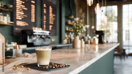 Pistachio latte on marble cafe countertop with blurred menu board for coffee shop branding, menu design ,World Plant Milk Day