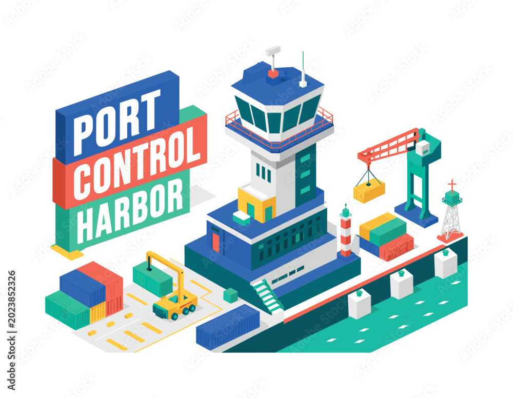 Naklejka premium Port Control Harbor, oversized control tower with bold geometric depth, stacked dock blocks and diagonal container surfaces, asymmetric editorial layout, electric blue and coral with warm yellow,