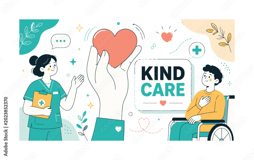 Naklejka premium Heart In Hand Symbol. Clean editorial banner scene about care and compassion with one oversized hand holding a heart stretching from the lower edge toward the upper edge, one caregiver character near