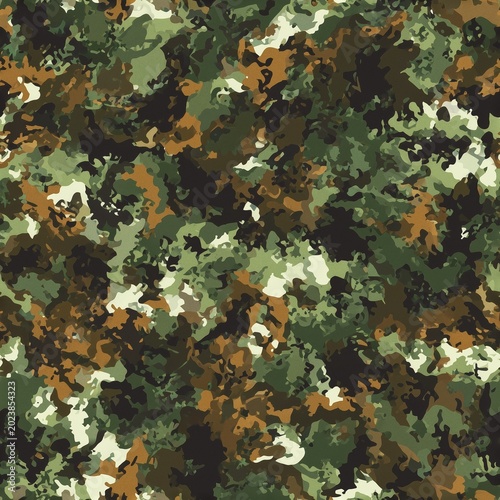 Seamless tactical camouflage texture with a dapple of forest green, dark black, and sandy brown spots, ideal for military uniforms, hunting equipment, and woodland concealment backgrounds.