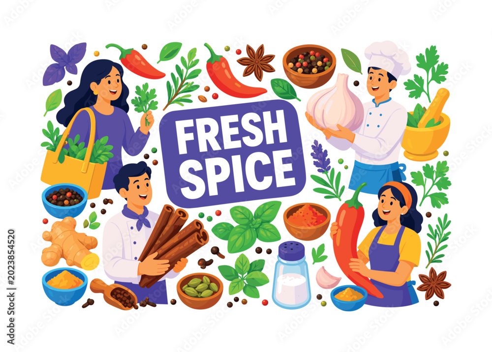 Fototapeta premium Herbs Spice Collection colorful flat vector banner, two stylized cooks and one shopper interacting with oversized garlic bulb, cinnamon sticks and herb leaves, chili pepper, star anise and salt shaker