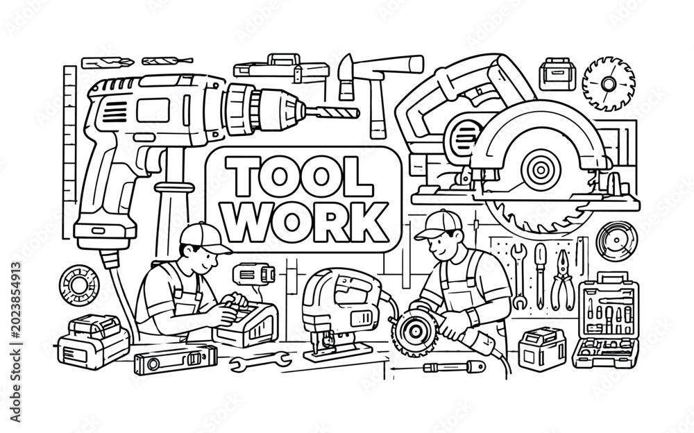 Naklejka premium Power Tools Workshop. Clean outline line art banner showing a construction power tools workshop scene with one oversized electric drill and one oversized circular saw stretching across the canvas, two