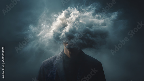 Surreal portrait of a person with storm clouds instead of a face, symbolizing anxiety, depression, emotional confusion, stress, mental health struggles and inner turmoil