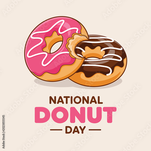 Two donuts with pink and chocolate frosting on beige background  National Donut Day