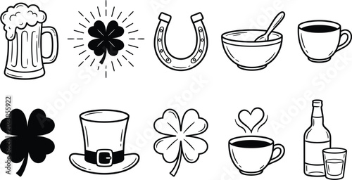 Cuadro en lienzo St Patrick beverage and celebration outline icon set featuring beer coffee clove