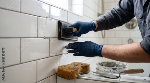 Tile installer applying grout on white subway wall tiles during bathroom renovation and repair work