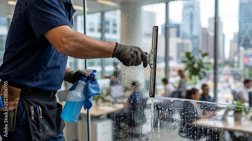 Commercial window cleaner washing glass wall in modern office with squeegee spray bottle and city view