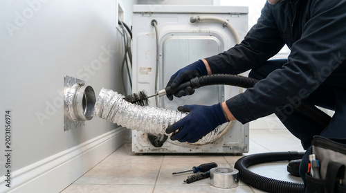 Technician cleaning flexible dryer vent duct with brush and vacuum hose during appliance maintenance
