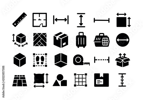 Space Dimension Measurement. Solid glyph icon set of area, floorplan, package, and size measurement symbols: ruler, room plan, width arrows, height arrows, length arrows, square area, cube dimension,