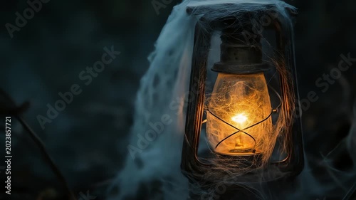 Vintage lantern with glowing light amidst dark and eerie atmosphere