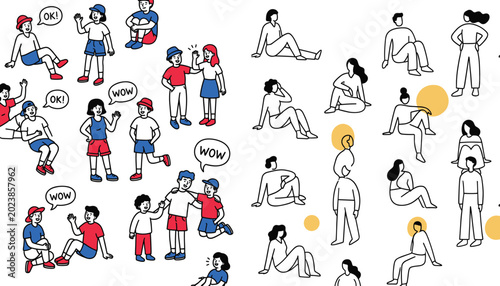 Diverse people sitting poses collection vector illustration featuring casual characters gestures communication and social interaction sketches