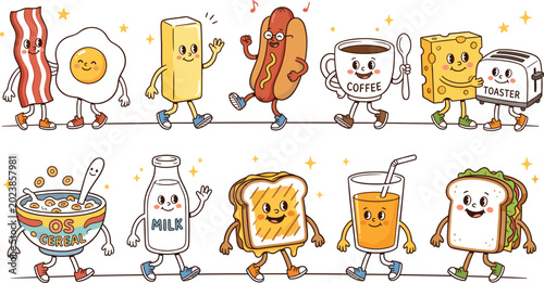 Cute breakfast food characters vector illustration featuring bacon egg toast coffee cereal sandwich and cheerful kawaii mascots