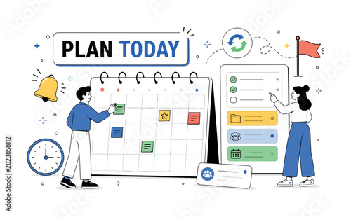 Calendar Planning Schedule. Clean editorial banner with one wide scheduling scene: two geometric office planners organizing an oversized month calendar and a large agenda board, with reminder bell,