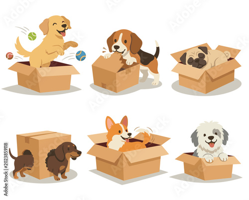 Diverse dog breeds playing boxes cheerful poses isolated white background. Playful puppies exploring cardboard containers fun interaction cartoon artwork. Cute adorable canines enjoying lively