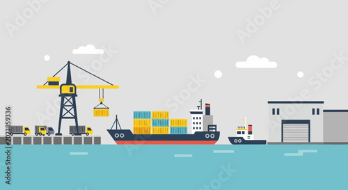 Obraz na płótnie Container Ship Loading at Industrial Port with Crane, Trucks, and Warehouse