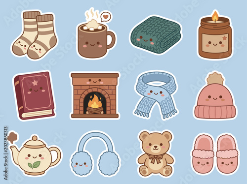 Photos Cute Kawaii Cozy Hygge Winter Comfort Season Sticker Set Warm Vector Bundle