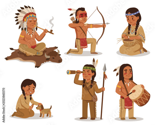 Fotografie Elderly male wearing headdress smoking peace pipe seated bison hide reflecting spirituality calm