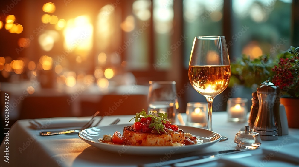 Naklejka premium Delicious Italian Pasta Dish on Elegant Restaurant Table with Wine