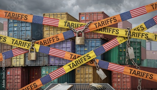Yellow Tariffs Tape Padlock Stacked Shipping Container Trade War Business