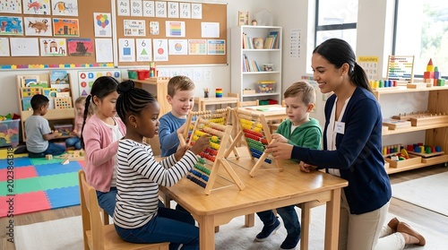 Teacher helping diverse group of young children learn to count using colorful wooden abacus in a bright preschool classroom
