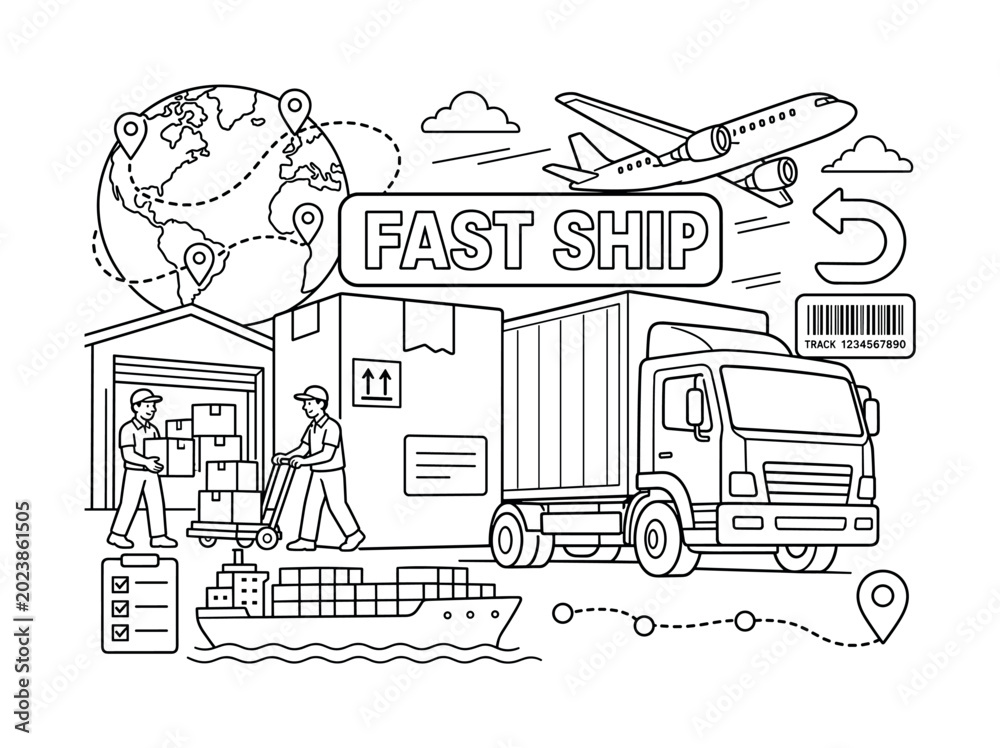 Obraz premium Logistics Delivery Service. Clean outline line art banner showing a logistics and delivery scene with one oversized delivery truck and one oversized shipping box stretching across the canvas, two