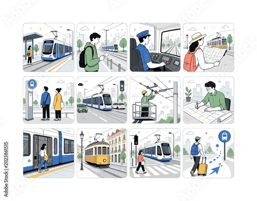 Urban Tram. Tram, streetcar, electric rail transport, city station, public road transit, subway, motion, speed, street stop, tourism trip, vintage tramway, traffic, railroad and urban transportation.