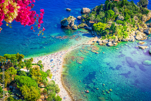 Fotografie Taormina beach and Isola Bela at summer, Sicily Italy