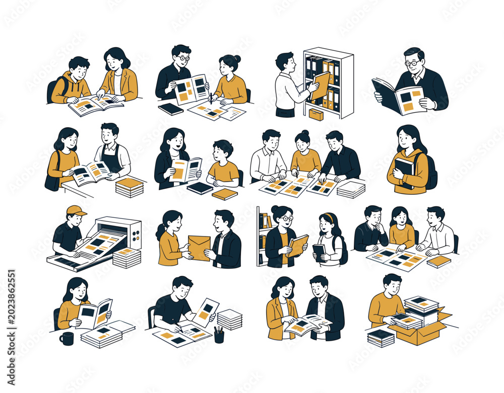 Fototapeta premium Catalogue Publishing Guide collection of digital illustrations showing people using catalogues and printed guides: student reading booklet with teacher, designer preparing leaflet with colleague,