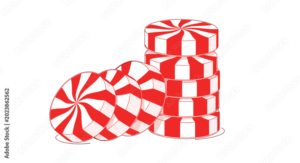 Fototapeta premium Small pile of red and white swirled peppermint candies with scattered pieces on a clean white background.