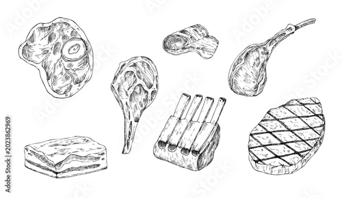 Tableau sur toile Vector set with meat on the ribs, pork lard, beef steak