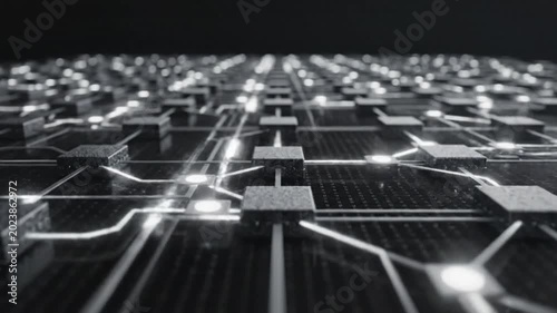 Glowing electronic circuit board with interconnected data nodes moving through a complex grid of digital information and modern processor technology