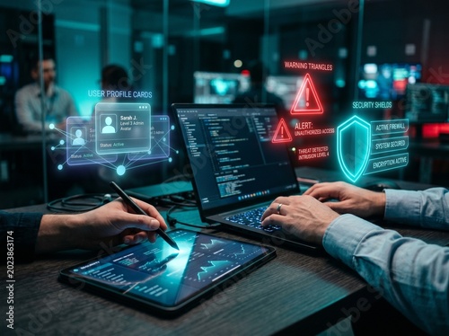 User account security warning alert on digital interface with profile and shield protection, suspicious activity risk detection and identity verification system for cybersecurity and access control 