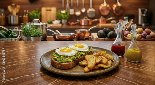 
Avocado toast with fried eggs and french fries served on a plate on a wooden dining table with a culinary background