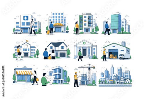 Modern Building District Banner. Building structures, city district, hospital, hotel, apartment, skyscraper, school, house, office, bank, warehouse, shop, real estate, urban architecture, and modern