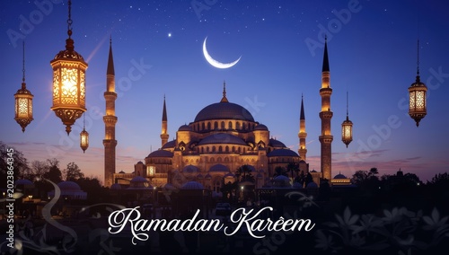 Sultanahmet Mosque featuring a crescent moon. Vertical image for Ramadan theme. Background for Ramadan kareem, eid mubarak, or laylat al-qadr.