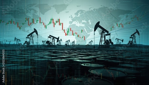 Oil extraction equipment and barrels with currency chart and world map on a pale backdrop, representing international oil trade and financial assessment.