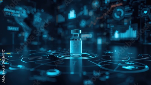 Illustration of vaccine diagrams with vial. Concept of global healthcare and digital interface in a generated image.