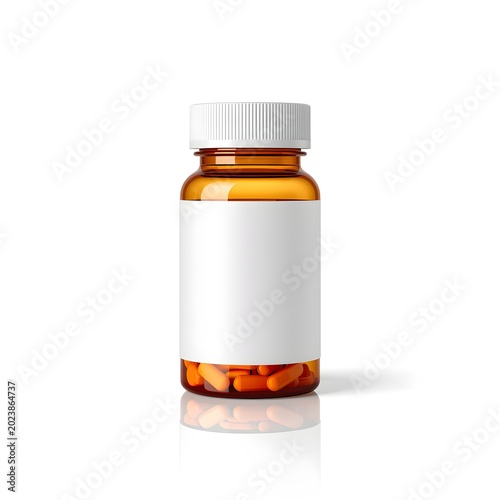 Amber Medicine Bottle with Blank Label Isolated on White Background