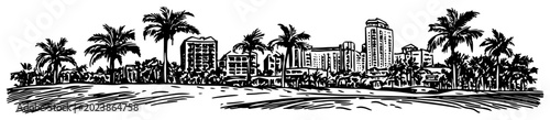 Fotografie Miami Beach Florida skyline vector sketch Hand-drawn tropical cityscape with pal