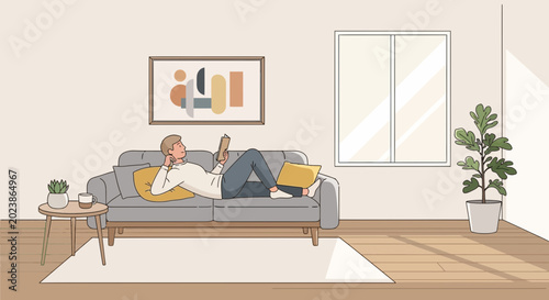 Photos Relaxed person lying on sofa, reading on tablet, modern living room interior, na