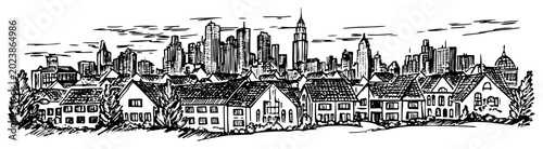 Bild auf Leinwand Suburban neighborhood with big city skyline in the background vector illustratio