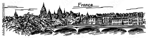 Fotografie Paris France cityscape with bridge over the river Seine Hand-drawn vector sketch