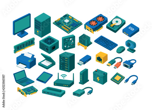 Computer Hardware Stack monitor, cpu tower, motherboard, graphics card, hard drive, solid state drive, ram module, power supply, cooling fan, heat sink, keyboard, mouse, webcam, printer, scanner,